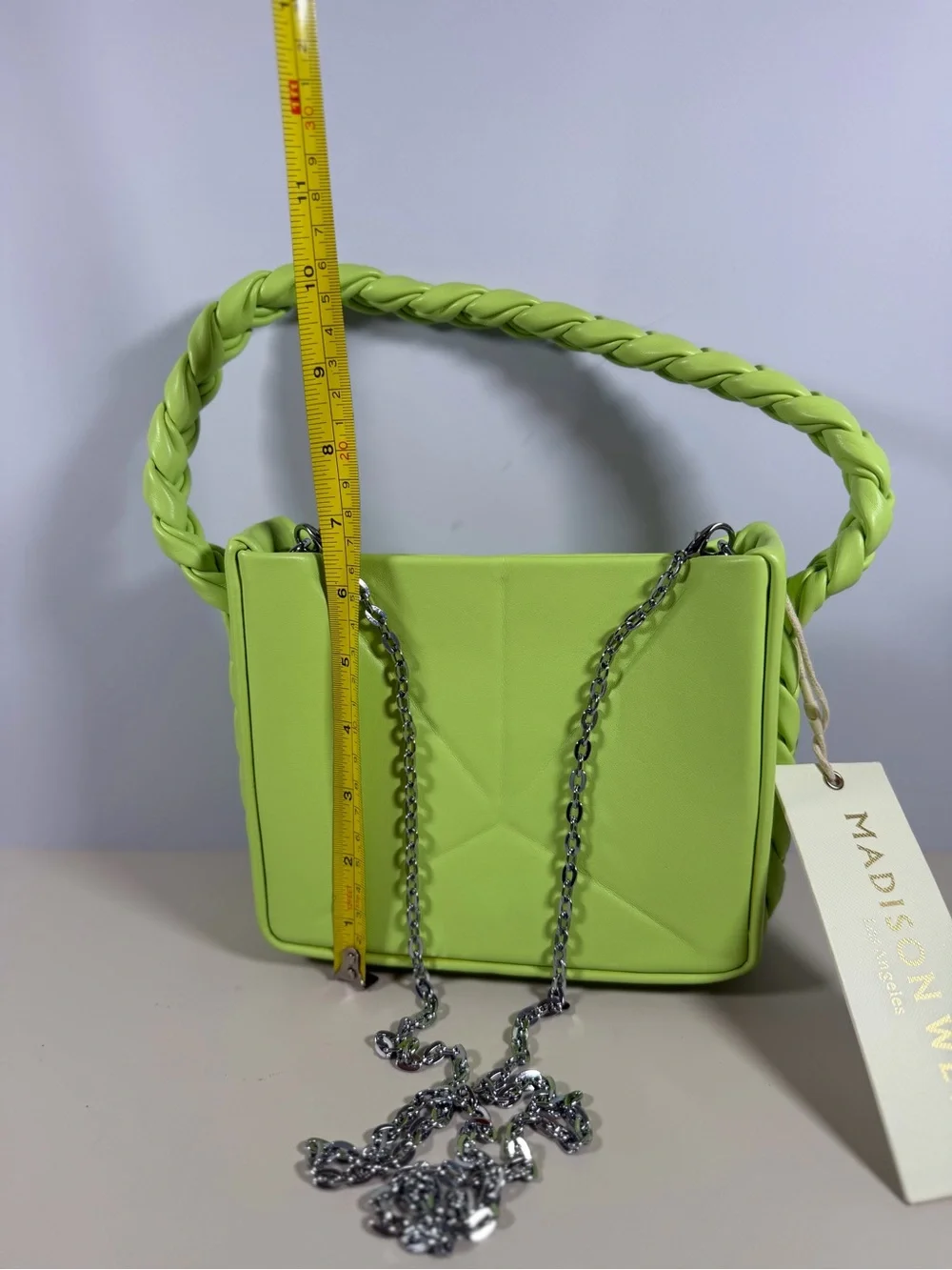 Madison West Lime Green Braided Handle Shoulder Bag with Chain Strap